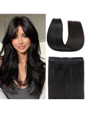 18" Real Human Hair Halo Extensions - Natural Black, 80g, Invisible Wire, 4